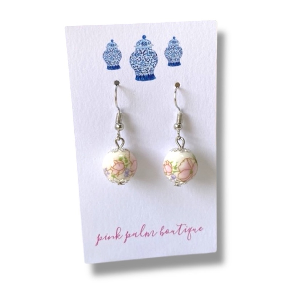 Chinoiserie Pink + Green Dangle Earrings - Pink + Green OR Blue + White NWT